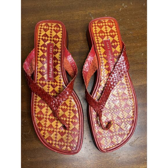 Saks Fifth Avenue Red Leather Braided Flip Flops Size 8 - Picture 1 of 5